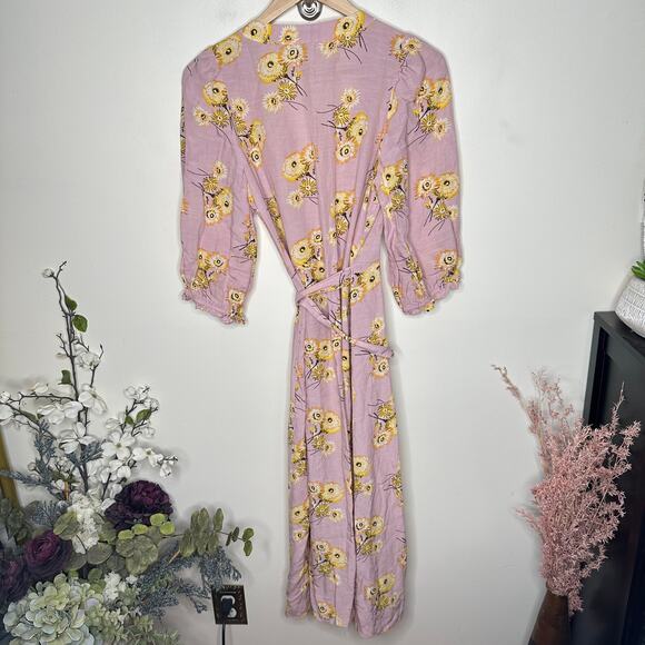 MADEWELL Linen-Blend Ruffle-Cuff Wrap Dress in Dutch Dandelions Sz XS {K7} - Picture 3 of 6